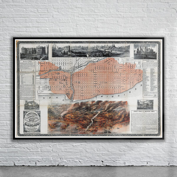 Vintage Map of The Chicago Great Fire 1871 Antique Map