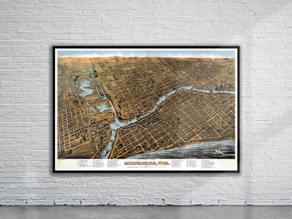 Vintage Birdseye View of Milwaukee 1872 Antique Map