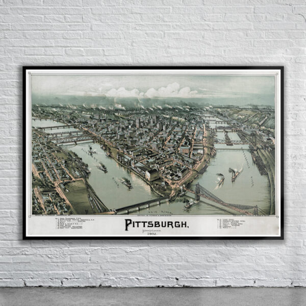 Vintage Birdseye View of Pittsburgh 1902 Antique Map