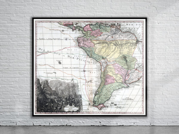 Vintage Map of South America 1734 Antique Map