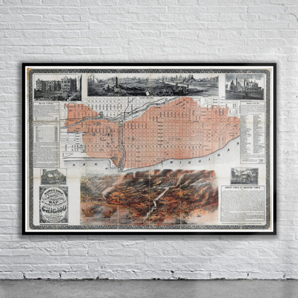 Vintage Map of Chicago Great Fire 1871 Antique Map