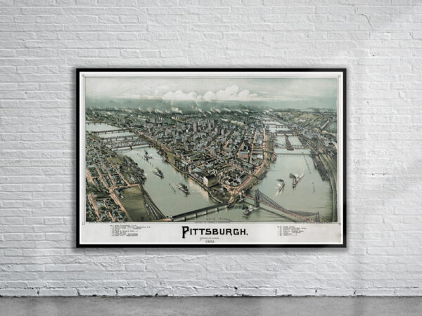 Vintage Birdseye View of Pittsburgh 1902 Antique Map