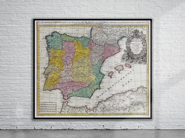Vintage Map of Spain & Portugal 1730 Antique Map