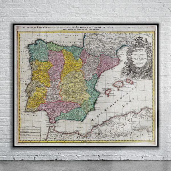 Vintage Map of Spain & Portugal 1730 Antique Map