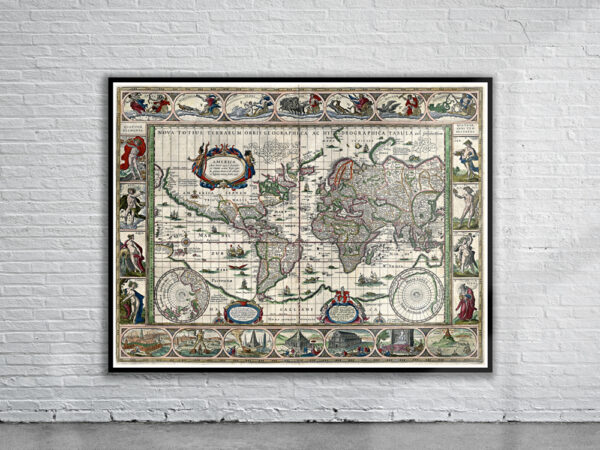 Vintage Blaeu World Map 1635 Antique Map