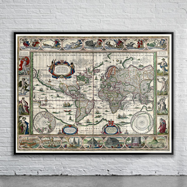 Vintage Blaeu World Map 1635 Antique Map