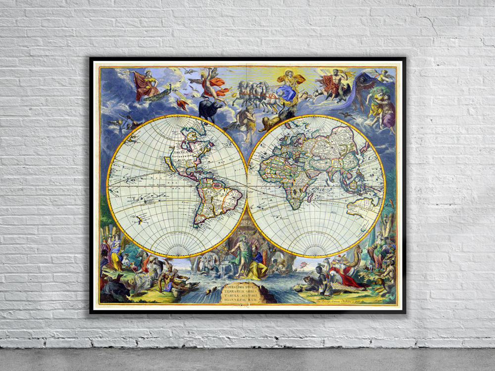 Vintage De Ram World Map 1683 Antique Map