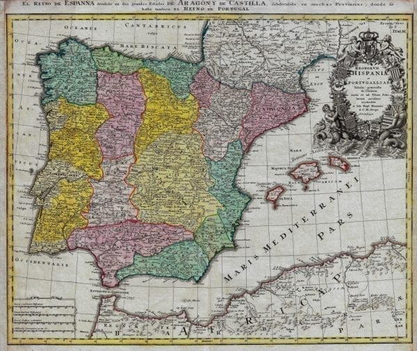 Spain & Portugal 1730 Antique Map