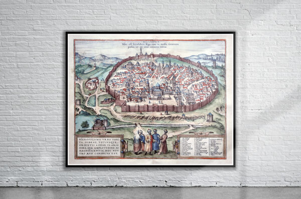 Vintage Map of Jerusalem 1572 Antique Map