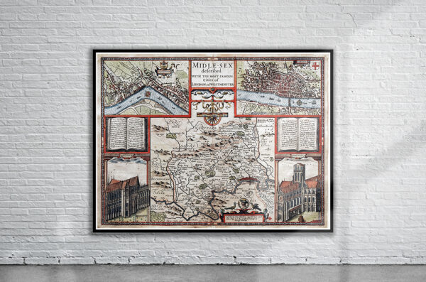 Vintage Map of Middlesex 1611 Antique Map