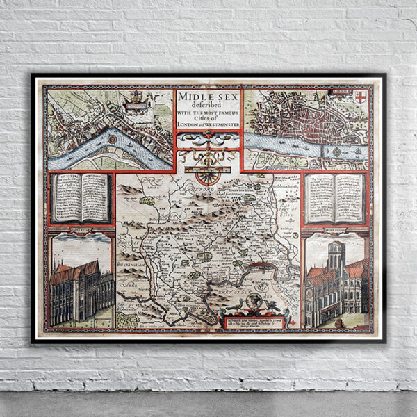Vintage Map of Middlesex 1611 Antique Map