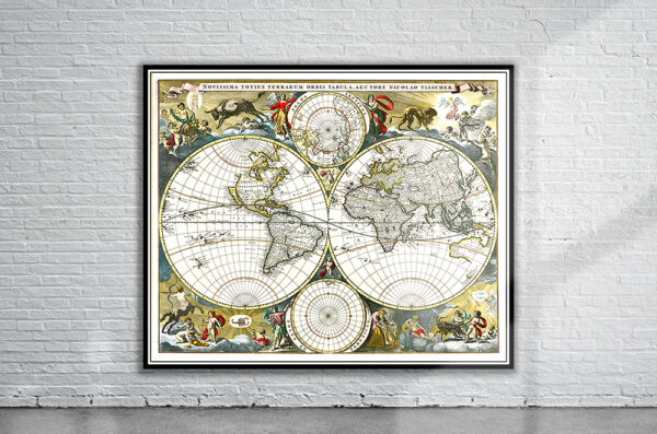 Vintage Visscher Map of the World 1679 Antique Map