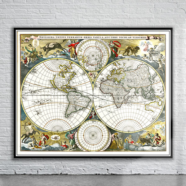 Vintage Visscher Map of the World 1679 Antique Map