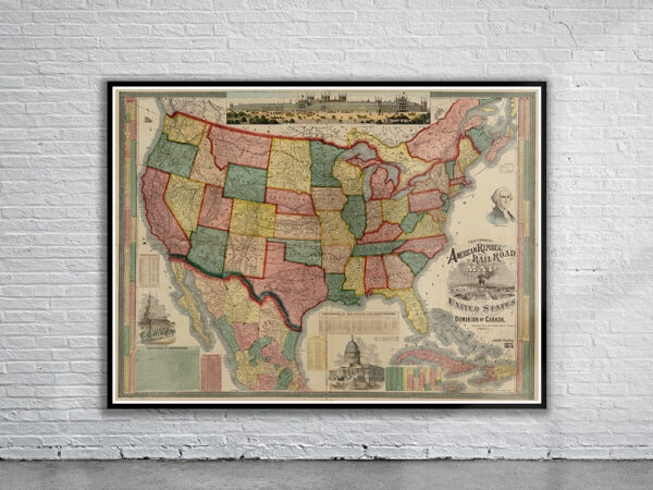 Vintage American Railroad Map 1875 Antique Map