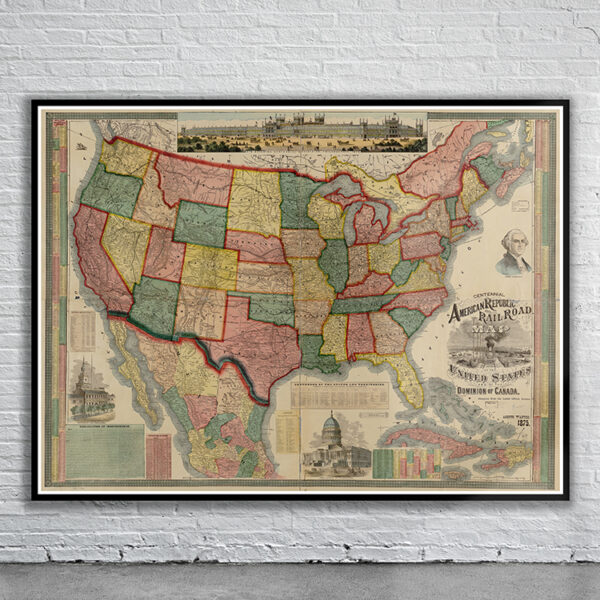 Vintage American Railroad Map 1875 Antique Map