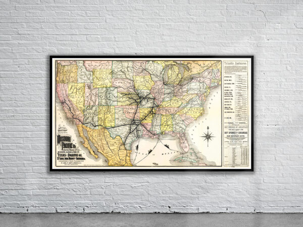 Vintage Missouri Pacific Railroad Map 1886 Antique Map