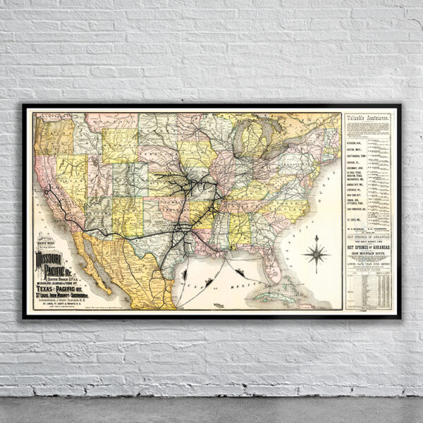 Vintage Missouri Pacific Railroad Map 1886 Antique Map