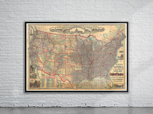 Vintage Map of the United States 1883 Antique Map