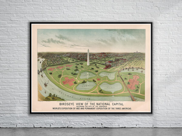 Vintage Panoramic View of Washington D.C. 1892 Antique Map