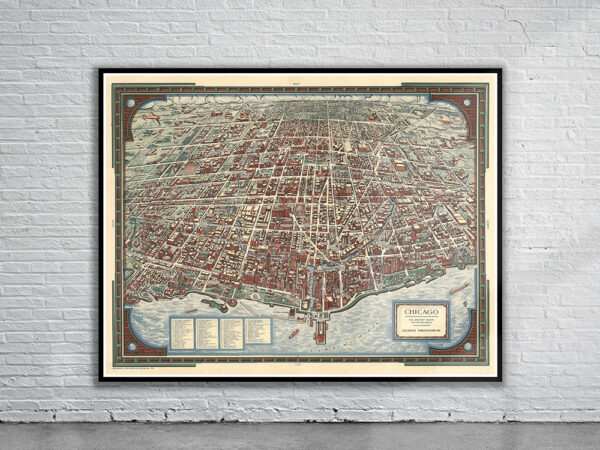 Vintage Birdseye View of Chicago 1938 Antique Map