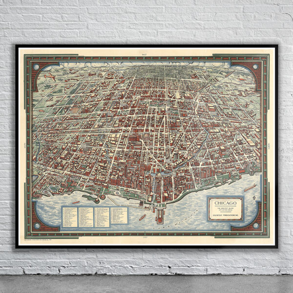 Vintage Birdseye View of Chicago 1938 Antique Map