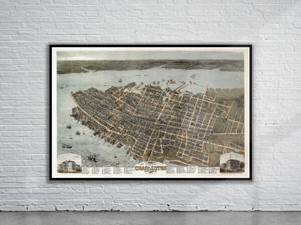 Vintage Birdseye View of Charleston 1872 Antique Map