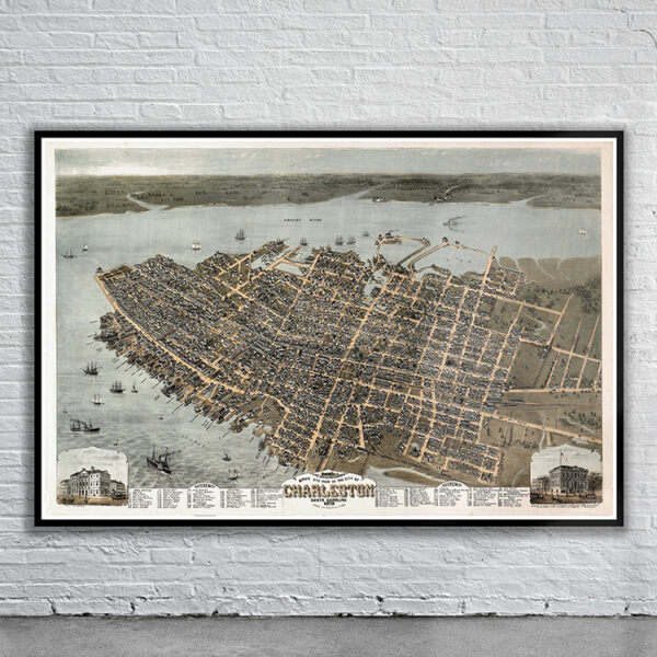 Vintage Birdseye View of Charleston 1872 Antique Map