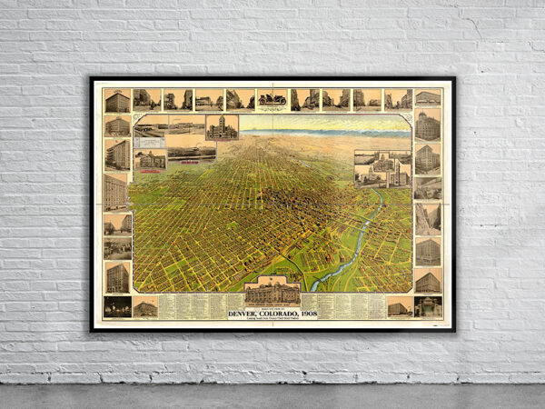 Vintage Birdseye View of Denver 1908 Antique Map