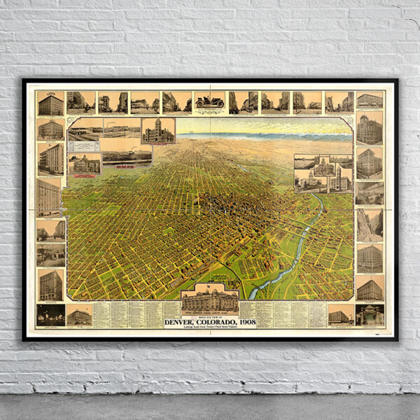 Vintage Birdseye View of Denver 1908 Antique Map