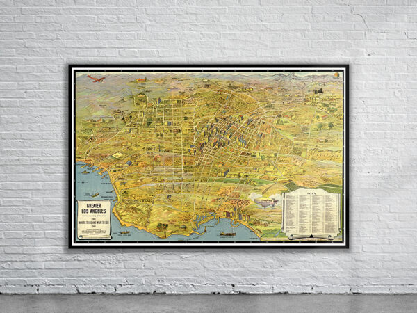 Vintage Birdseye View of Los Angeles 1932 Antique Map