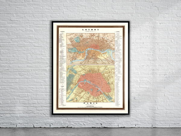 Vintage Map of London and Paris 1846 Antique Map