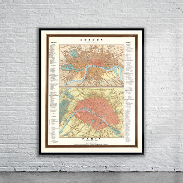 Vintage Map of London and Paris 1846 Antique Map
