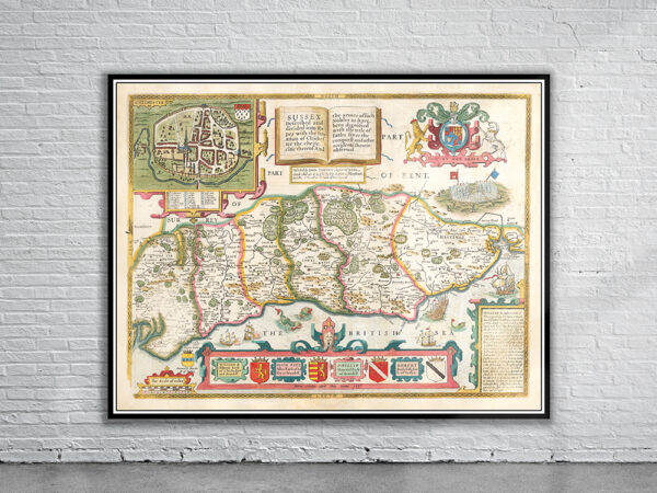 Vintage Map of Sussex Antique Map