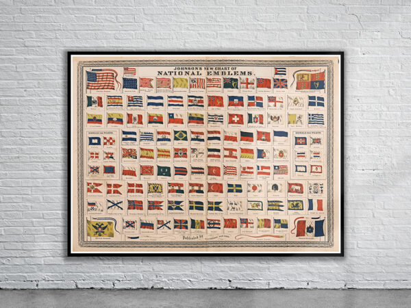 Vintage Print of Flags of the World 1869 Antique Map