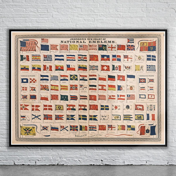 Vintage Print of Flags of the World 1869 Antique Map