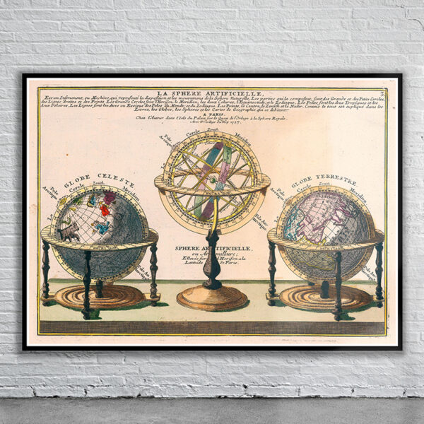 Vintage Print of De Fer's Globes 1747 Antique Map