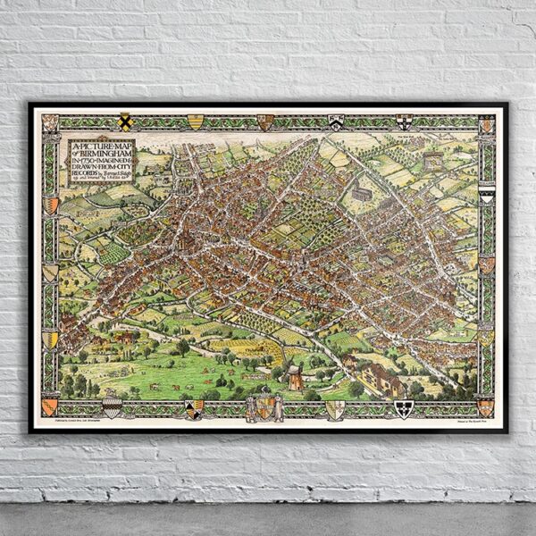 Vintage Birdseye View of Birmingham 17630 Antique Map