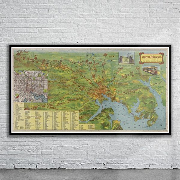 Vintage Railway Map of Baltimore 1910 Antique Map