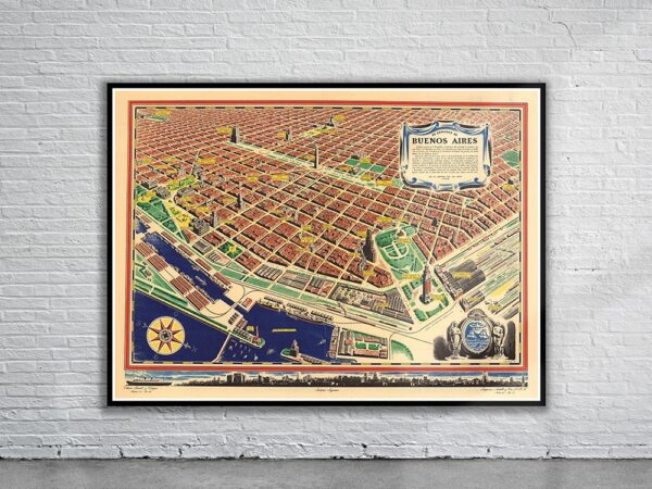 Vintage Birdseye View of Buenos Aires 1950 Antique Map